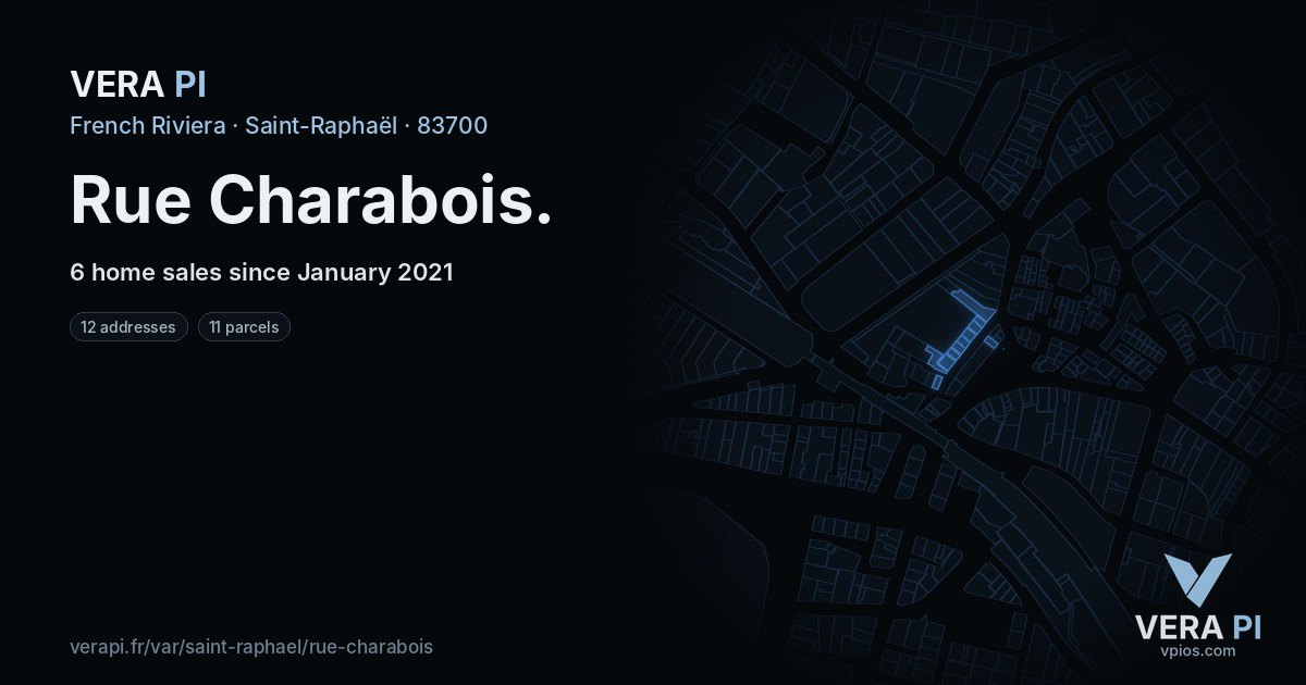 Rue Charabois, Saint-Raphaël at night – every parcel coloured by the prices around it, the street's own parcels lit