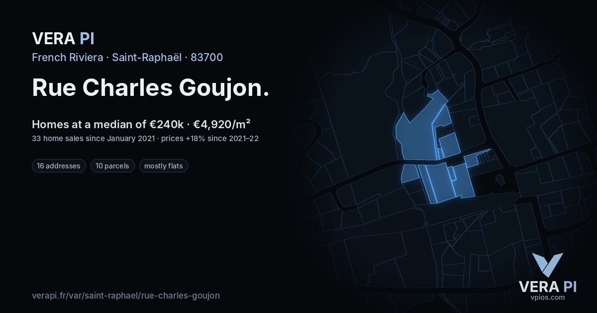 Rue Charles Goujon, Saint-Raphaël at night – every parcel coloured by the prices around it, the street's own parcels lit