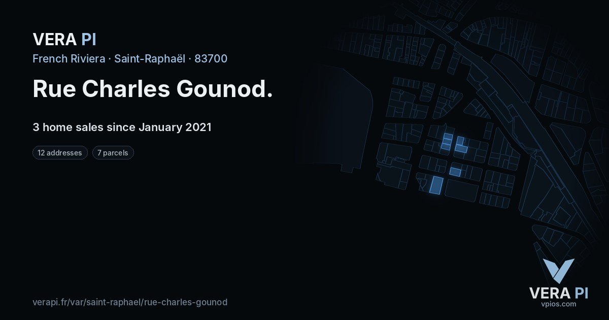 Rue Charles Gounod, Saint-Raphaël at night – every parcel coloured by the prices around it, the street's own parcels lit
