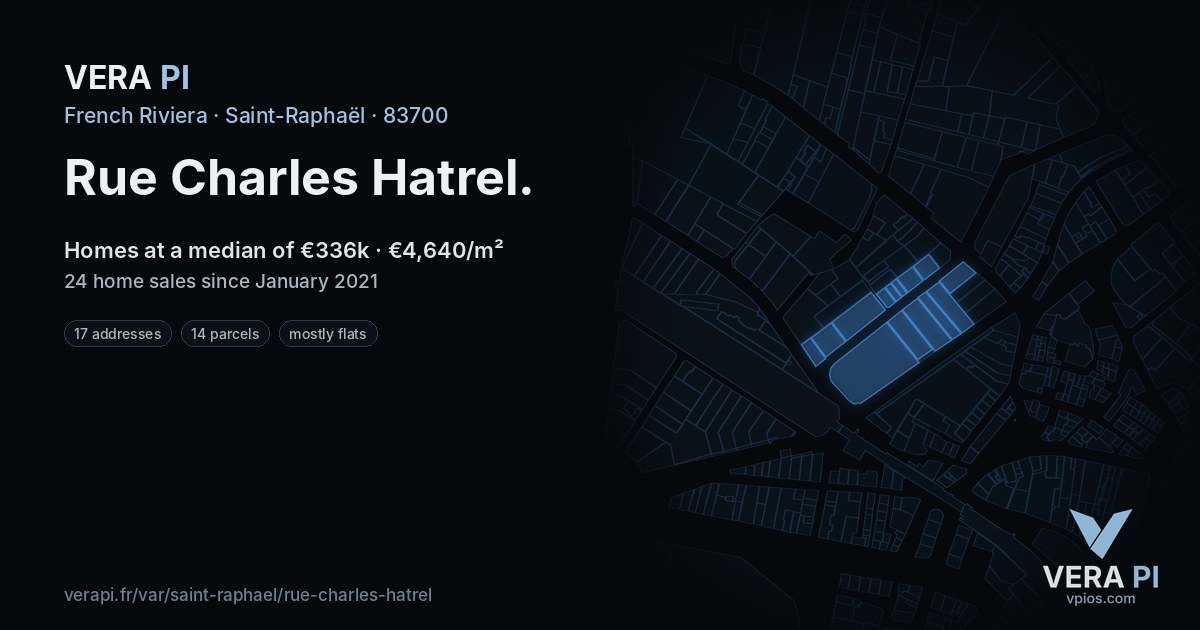 Rue Charles Hatrel, Saint-Raphaël at night – every parcel coloured by the prices around it, the street's own parcels lit
