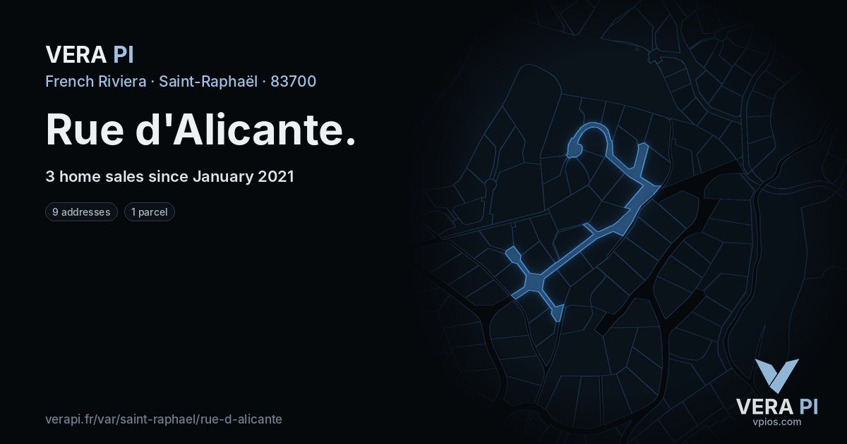 Rue d'Alicante, Saint-Raphaël at night – every parcel coloured by the prices around it, the street's own parcels lit