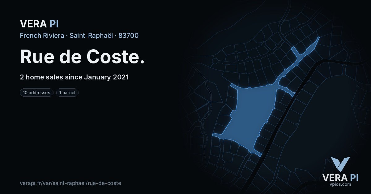 Rue de Coste, Saint-Raphaël at night – every parcel coloured by the prices around it, the street's own parcels lit