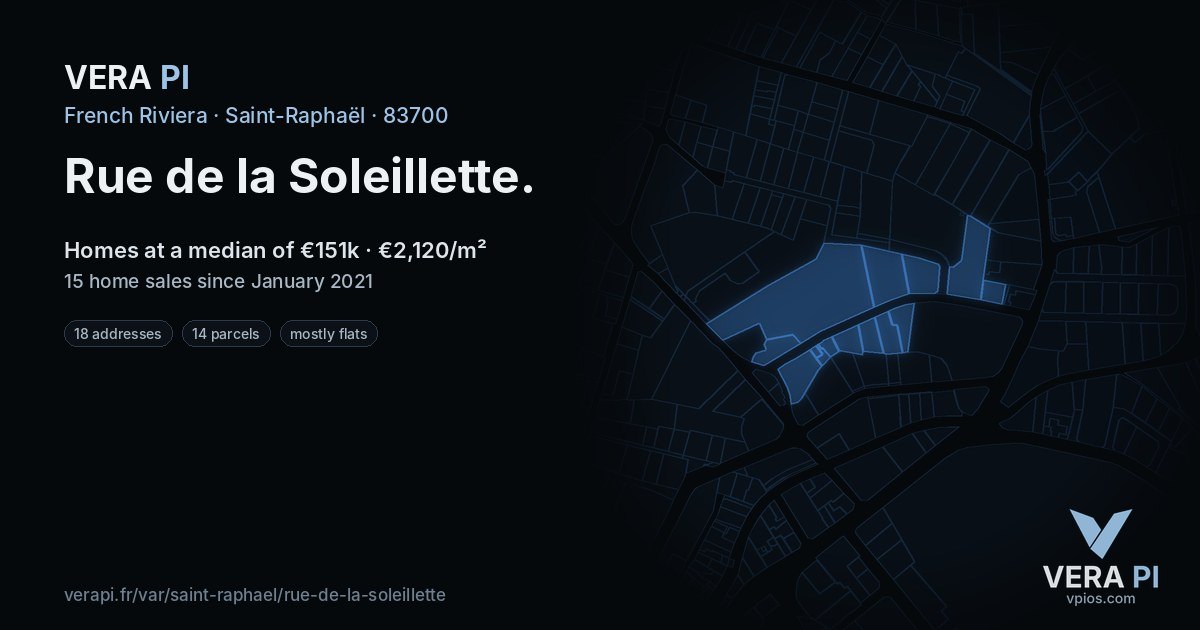 Rue de la Soleillette, Saint-Raphaël at night – every parcel coloured by the prices around it, the street's own parcels lit