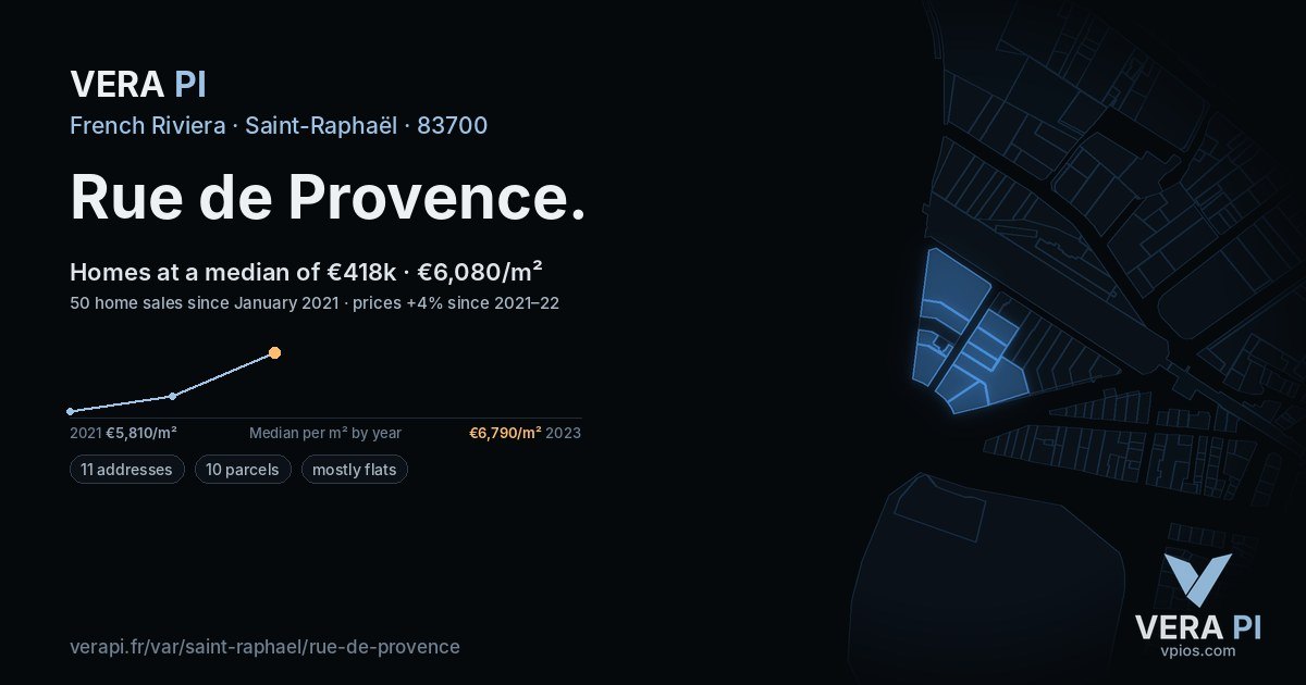 Rue de Provence, Saint-Raphaël at night – every parcel coloured by the prices around it, the street's own parcels lit