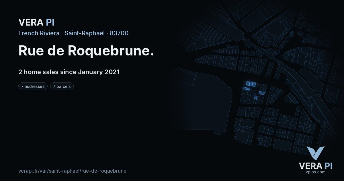 Rue de Roquebrune, Saint-Raphaël at night – every parcel coloured by the prices around it, the street's own parcels lit