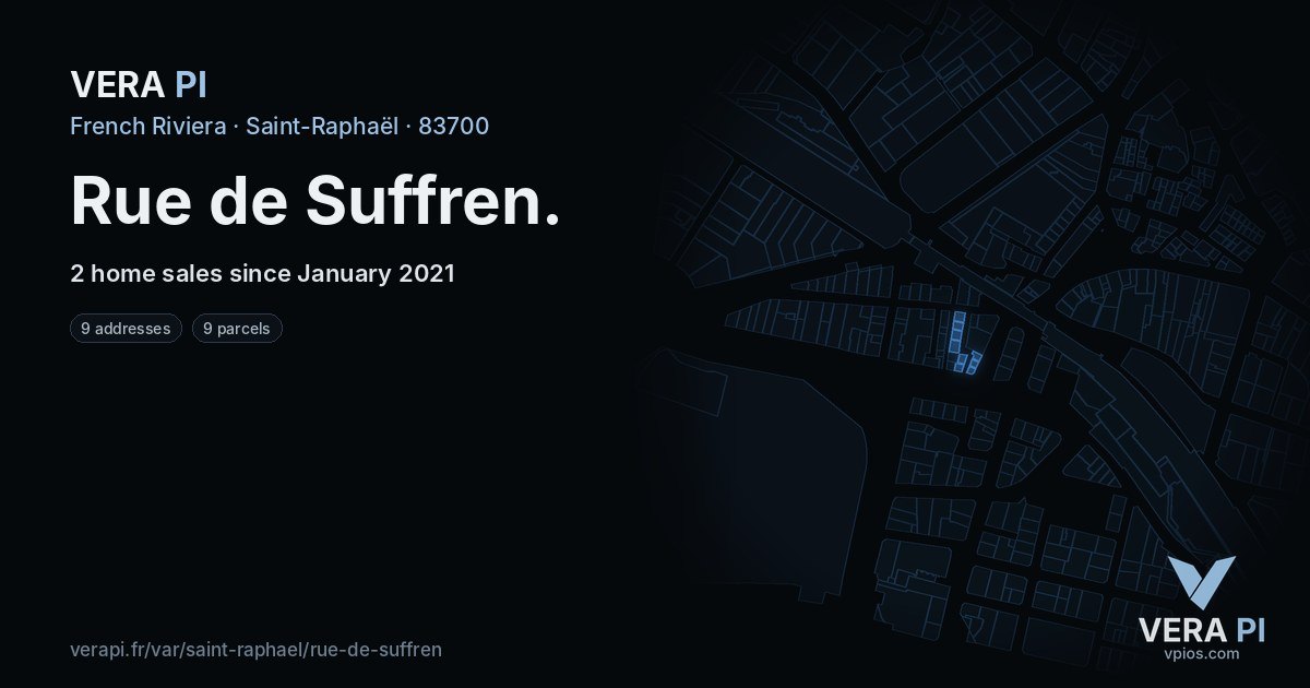 Rue de Suffren, Saint-Raphaël at night – every parcel coloured by the prices around it, the street's own parcels lit