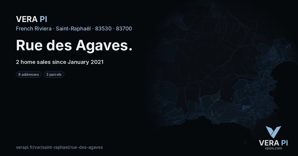 Rue des Agaves, Saint-Raphaël at night – every parcel coloured by the prices around it, the street's own parcels lit