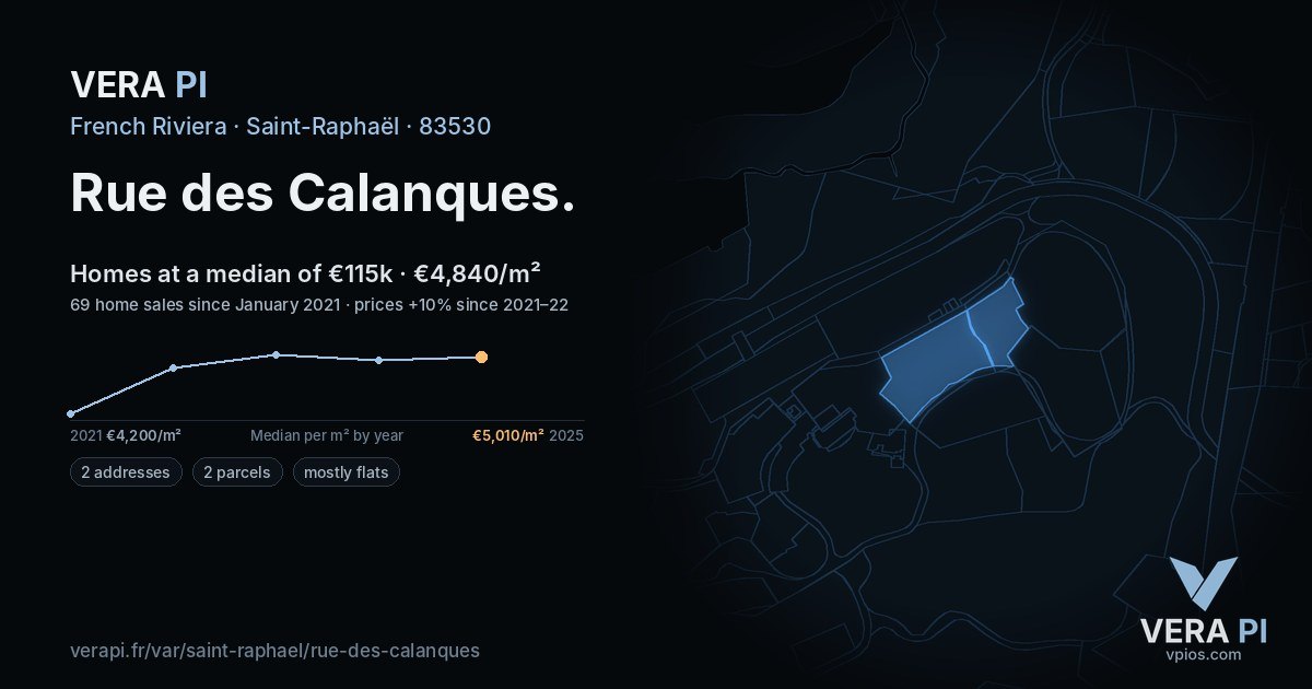 Rue des Calanques, Saint-Raphaël at night – every parcel coloured by the prices around it, the street's own parcels lit