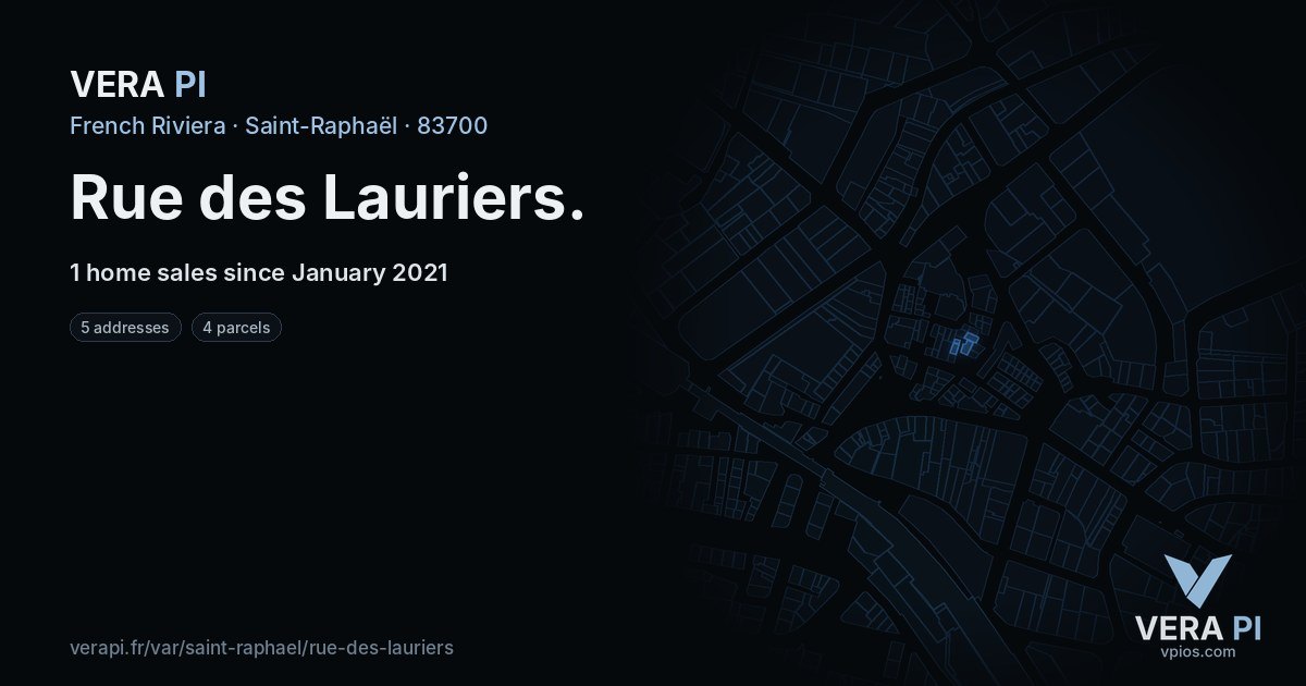 Rue des Lauriers, Saint-Raphaël at night – every parcel coloured by the prices around it, the street's own parcels lit