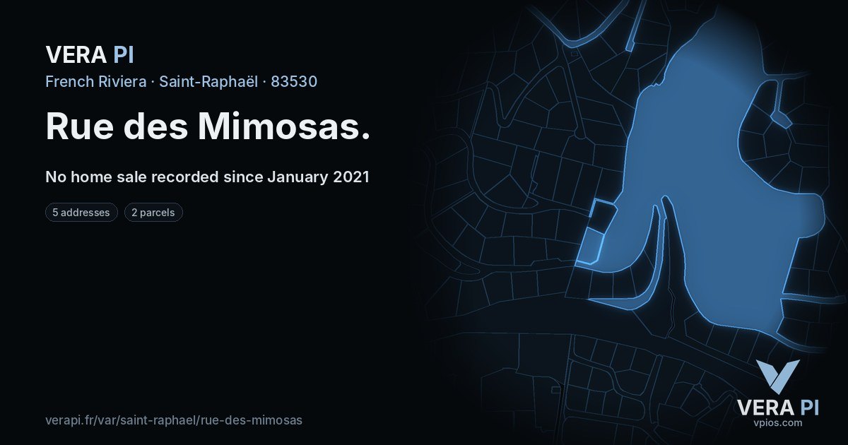 Rue des Mimosas, Saint-Raphaël at night – every parcel coloured by the prices around it, the street's own parcels lit