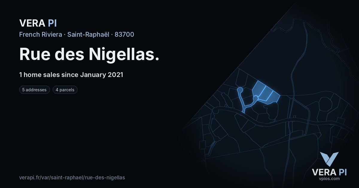 Rue des Nigellas, Saint-Raphaël at night – every parcel coloured by the prices around it, the street's own parcels lit