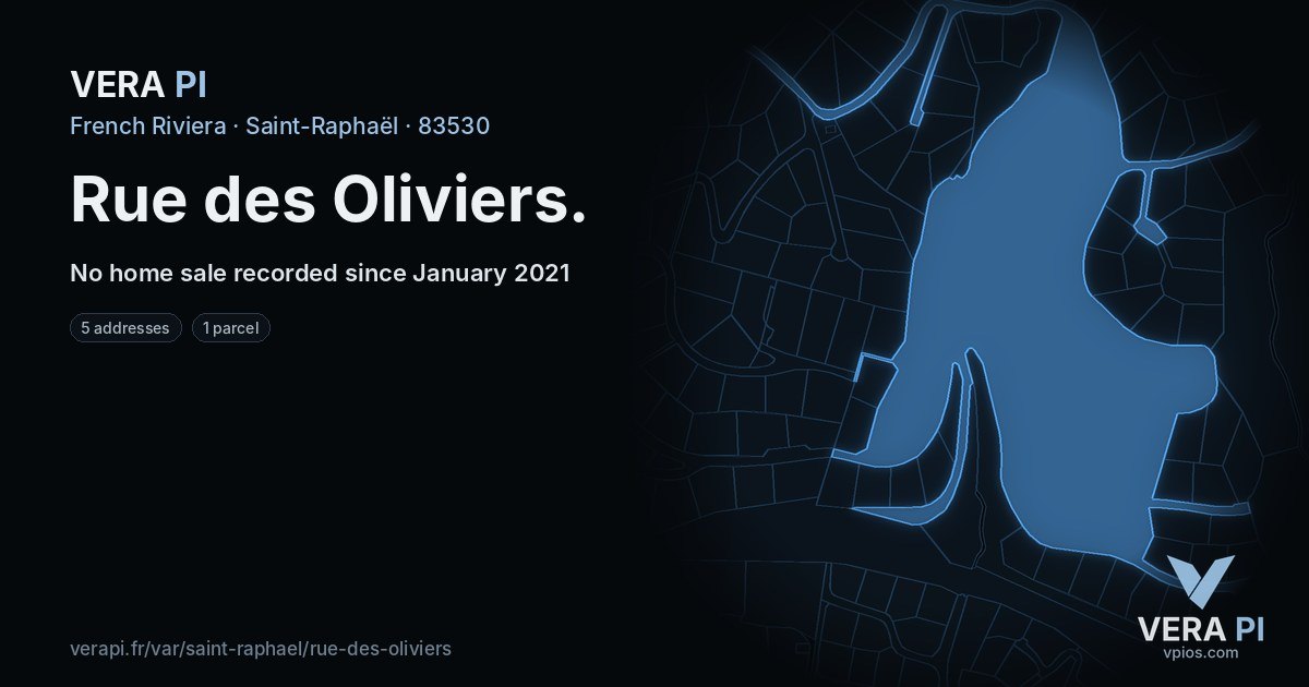 Rue des Oliviers, Saint-Raphaël at night – every parcel coloured by the prices around it, the street's own parcels lit