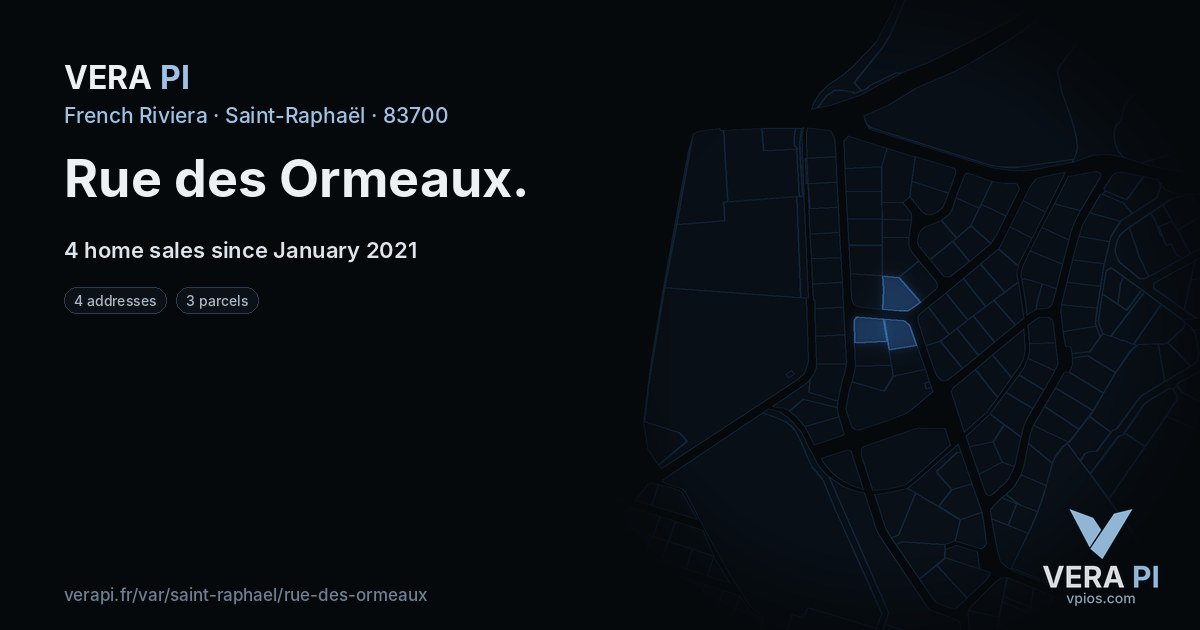 Rue des Ormeaux, Saint-Raphaël at night – every parcel coloured by the prices around it, the street's own parcels lit