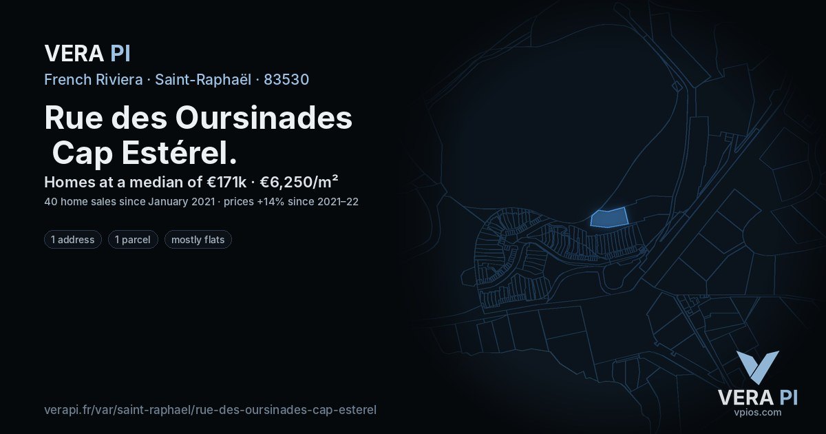 Rue des Oursinades Cap Estérel, Saint-Raphaël at night – every parcel coloured by the prices around it, the street's own parcels lit