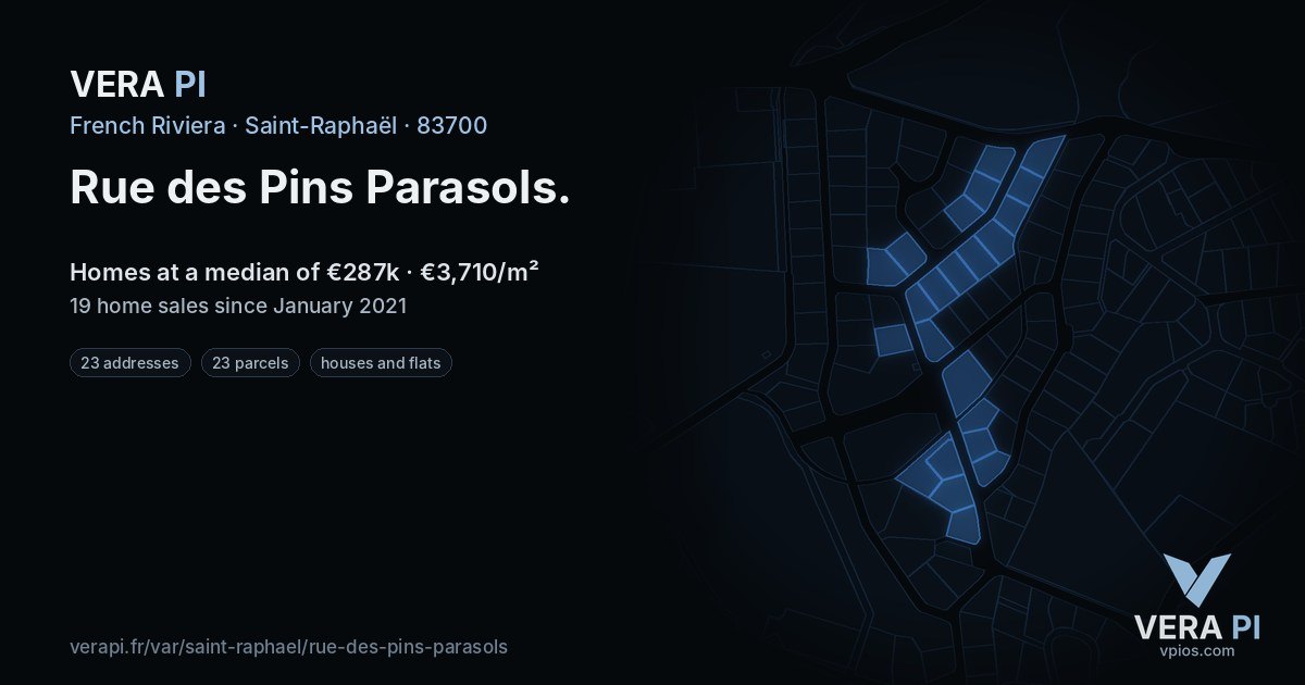 Rue des Pins Parasols, Saint-Raphaël at night – every parcel coloured by the prices around it, the street's own parcels lit