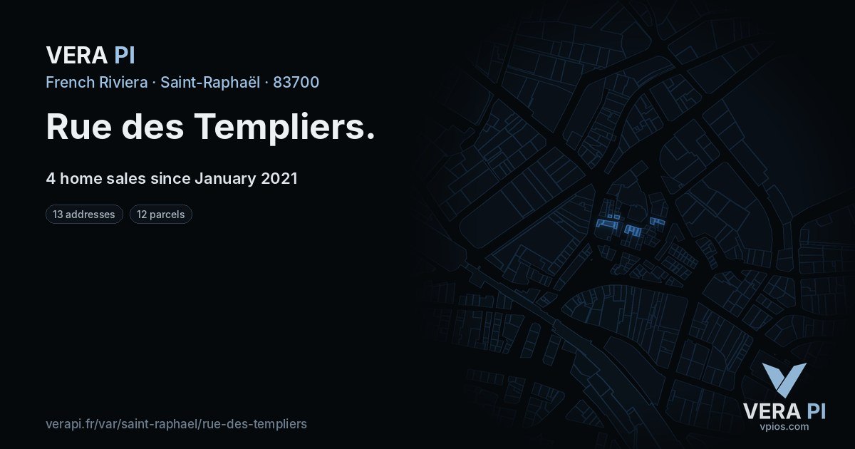 Rue des Templiers, Saint-Raphaël at night – every parcel coloured by the prices around it, the street's own parcels lit