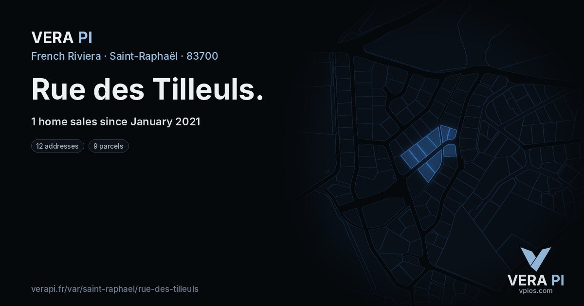 Rue des Tilleuls, Saint-Raphaël at night – every parcel coloured by the prices around it, the street's own parcels lit
