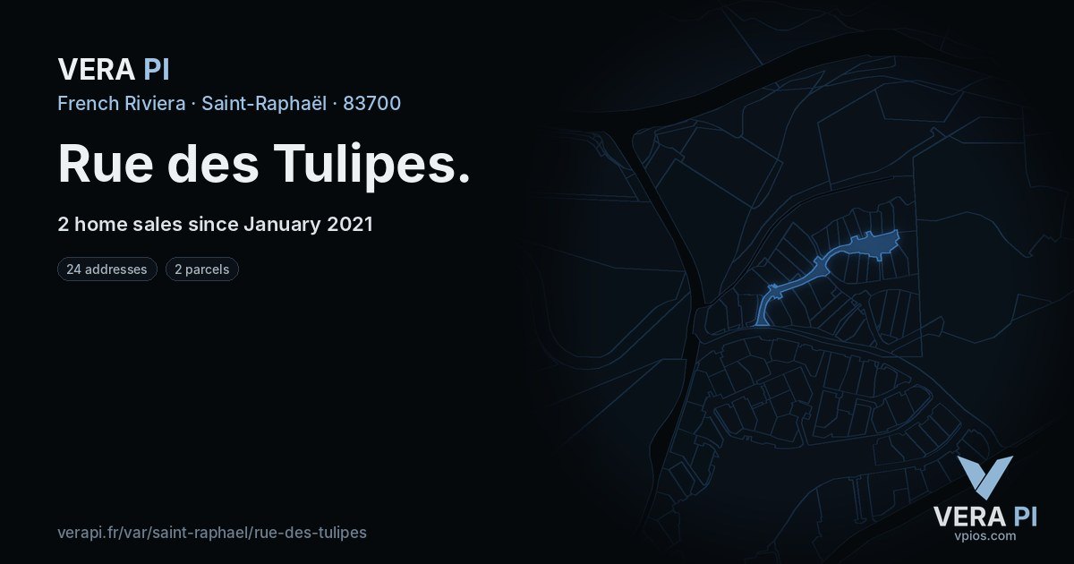 Rue des Tulipes, Saint-Raphaël at night – every parcel coloured by the prices around it, the street's own parcels lit