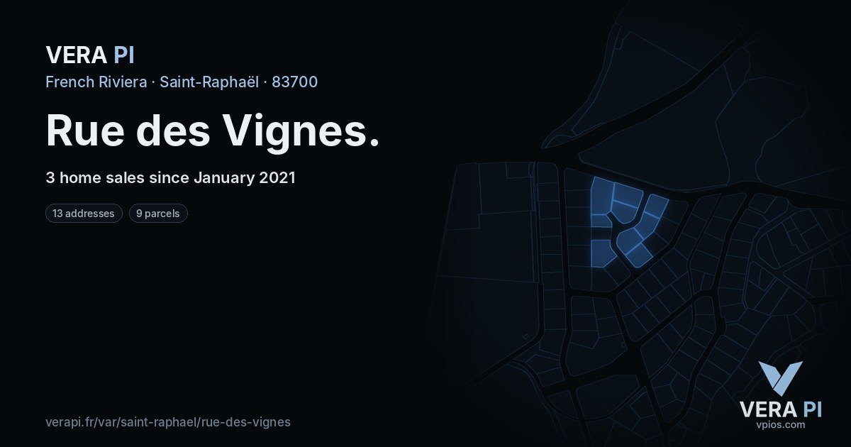 Rue des Vignes, Saint-Raphaël at night – every parcel coloured by the prices around it, the street's own parcels lit