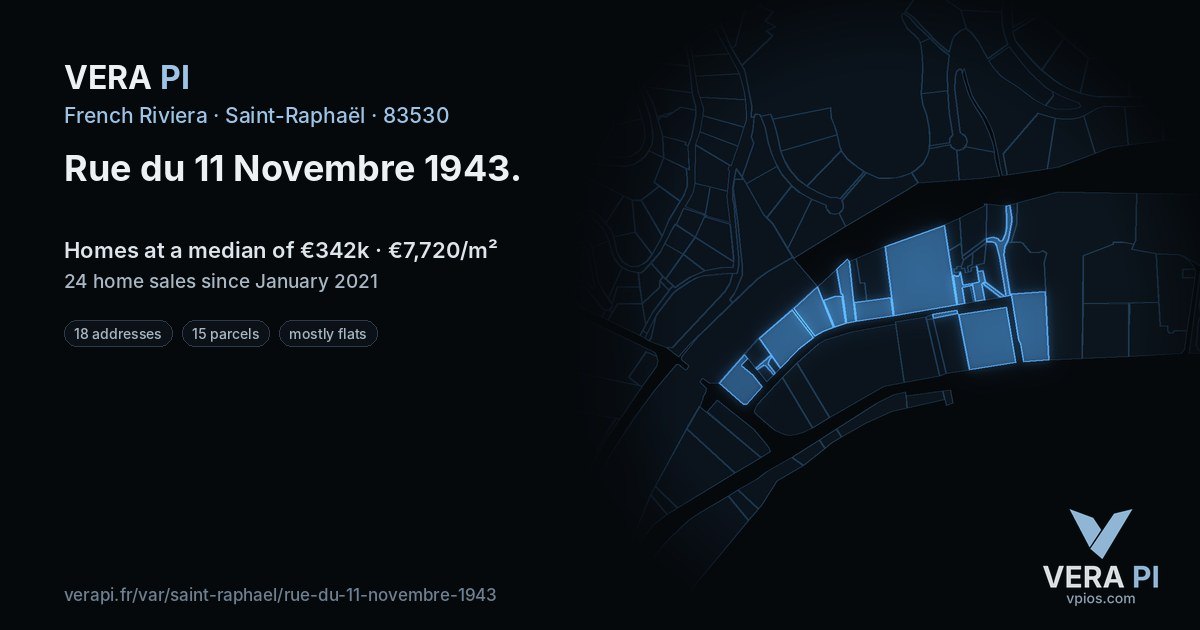 Rue du 11 Novembre 1943, Saint-Raphaël at night – every parcel coloured by the prices around it, the street's own parcels lit