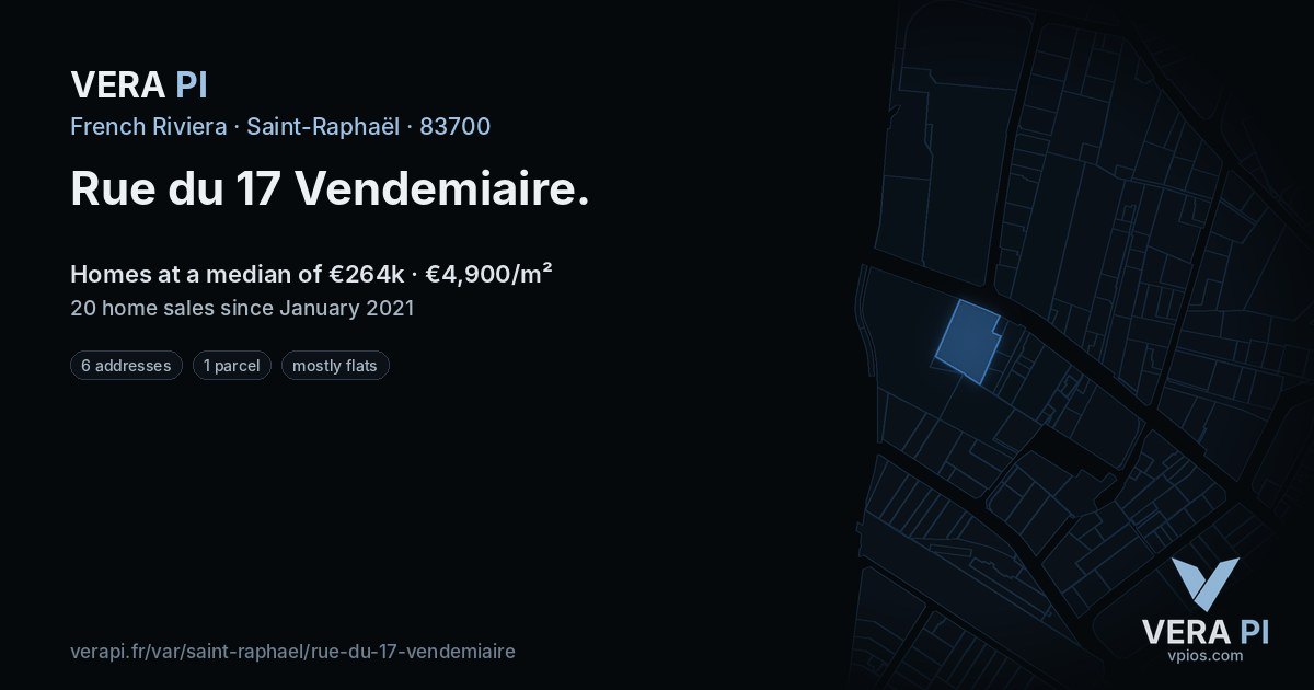 Rue du 17 Vendemiaire, Saint-Raphaël at night – every parcel coloured by the prices around it, the street's own parcels lit