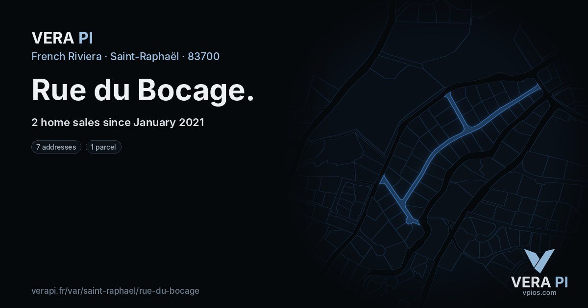 Rue du Bocage, Saint-Raphaël at night – every parcel coloured by the prices around it, the street's own parcels lit