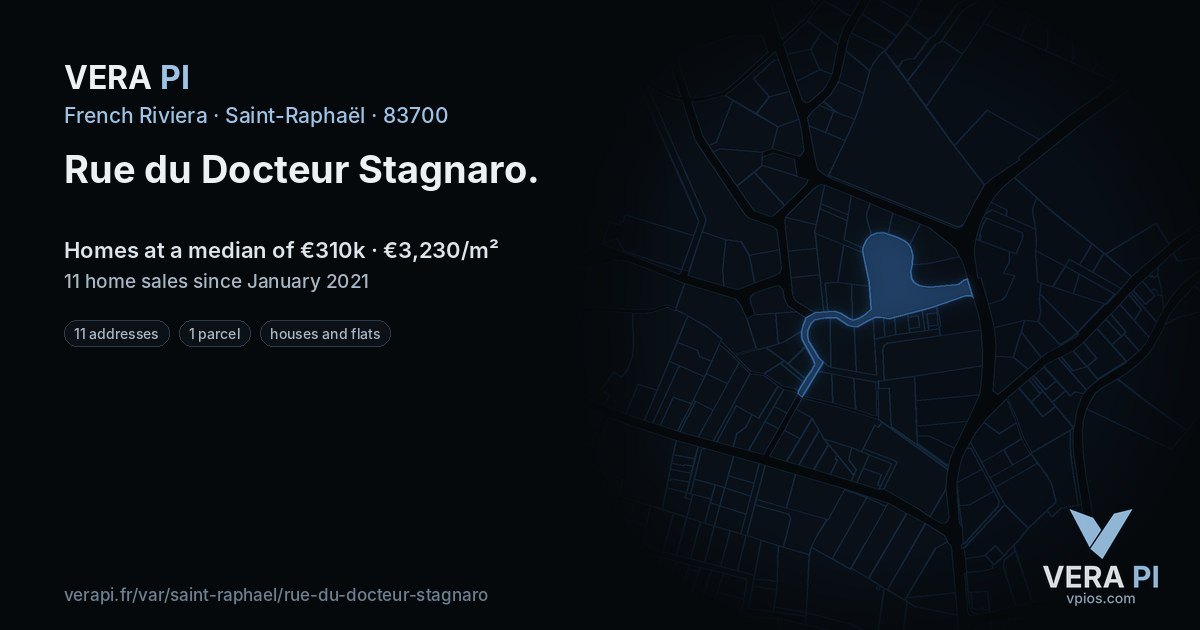 Rue du Docteur Stagnaro, Saint-Raphaël at night – every parcel coloured by the prices around it, the street's own parcels lit