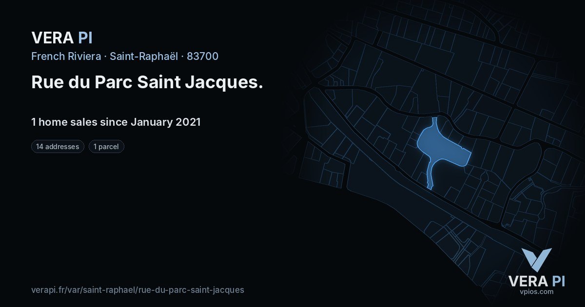 Rue du Parc Saint Jacques, Saint-Raphaël at night – every parcel coloured by the prices around it, the street's own parcels lit