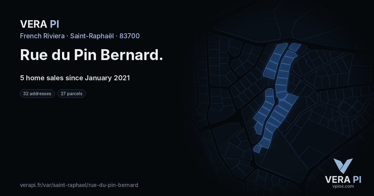 Rue du Pin Bernard, Saint-Raphaël at night – every parcel coloured by the prices around it, the street's own parcels lit