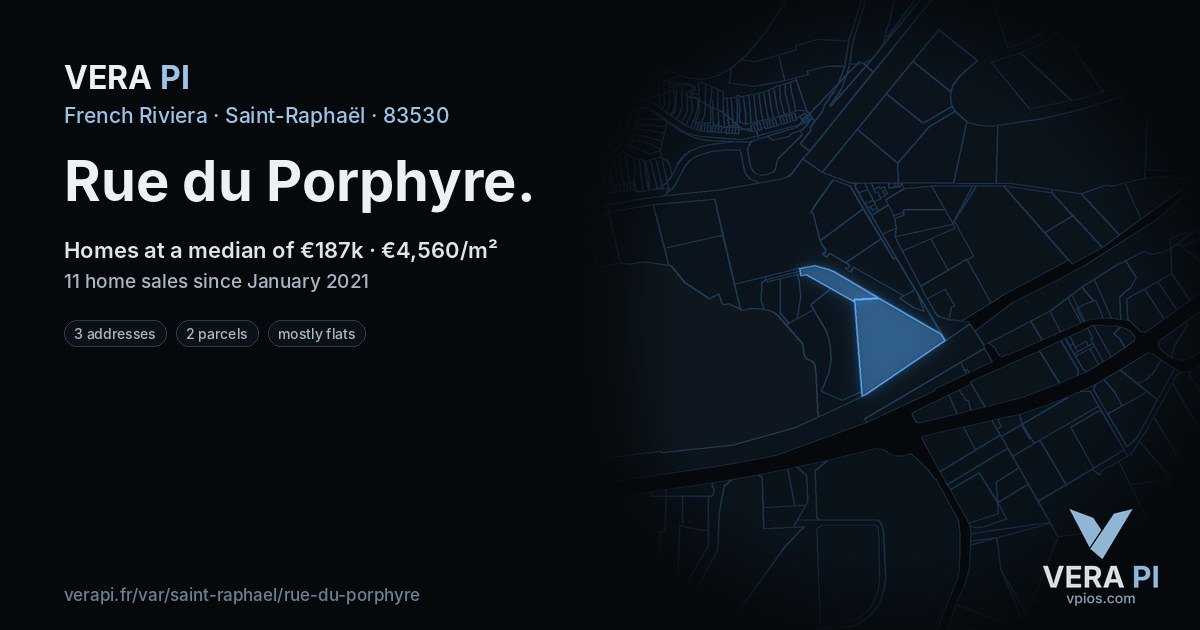 Rue du Porphyre, Saint-Raphaël at night – every parcel coloured by the prices around it, the street's own parcels lit