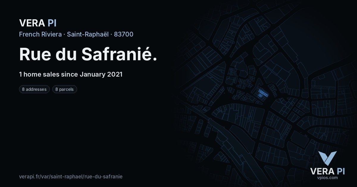 Rue du Safranié, Saint-Raphaël at night – every parcel coloured by the prices around it, the street's own parcels lit