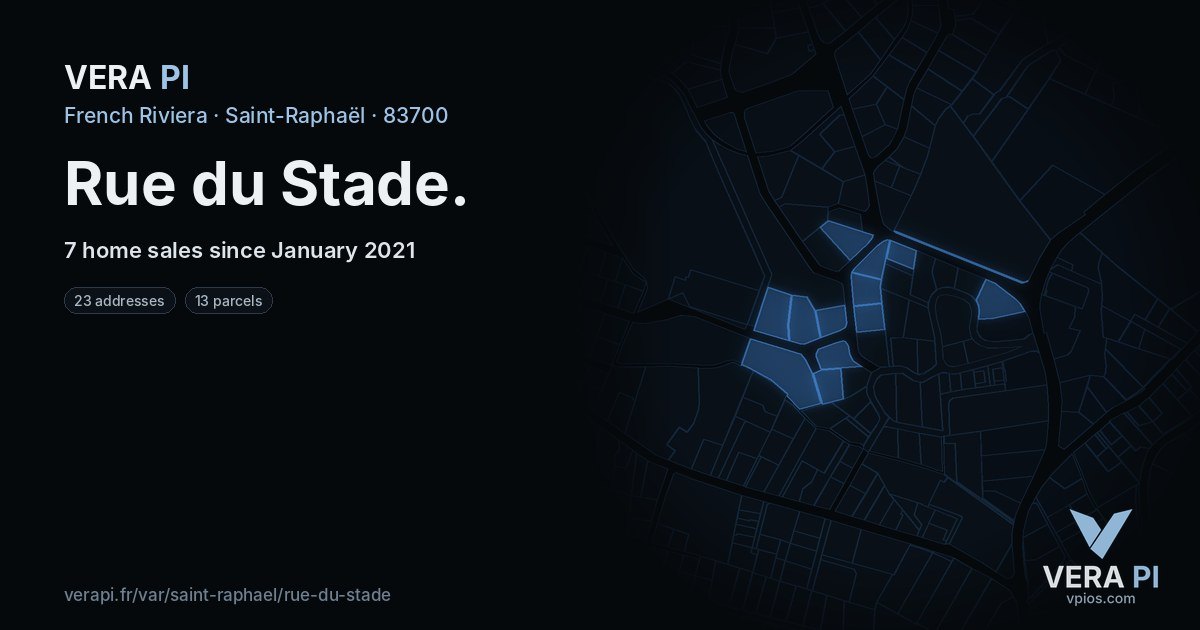Rue du Stade, Saint-Raphaël at night – every parcel coloured by the prices around it, the street's own parcels lit