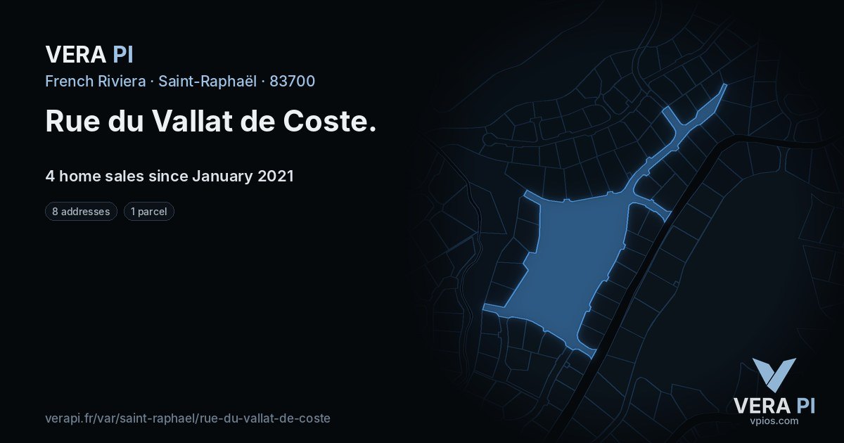 Rue du Vallat de Coste, Saint-Raphaël at night – every parcel coloured by the prices around it, the street's own parcels lit
