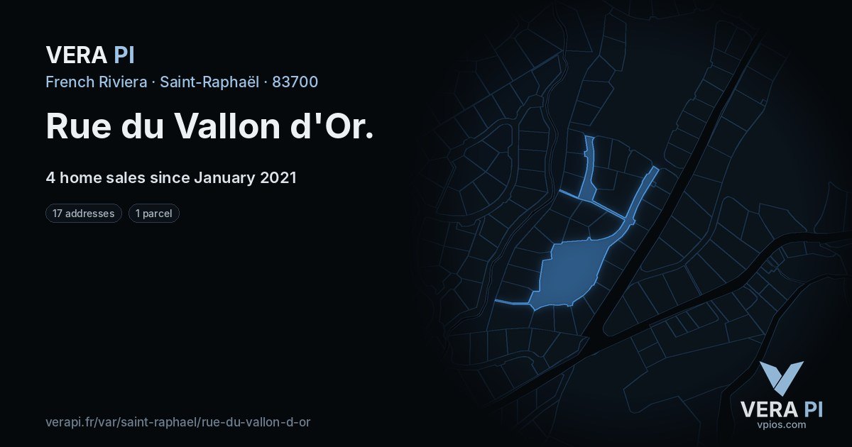 Rue du Vallon d'Or, Saint-Raphaël at night – every parcel coloured by the prices around it, the street's own parcels lit