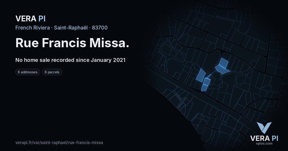 Rue Francis Missa, Saint-Raphaël at night – every parcel coloured by the prices around it, the street's own parcels lit