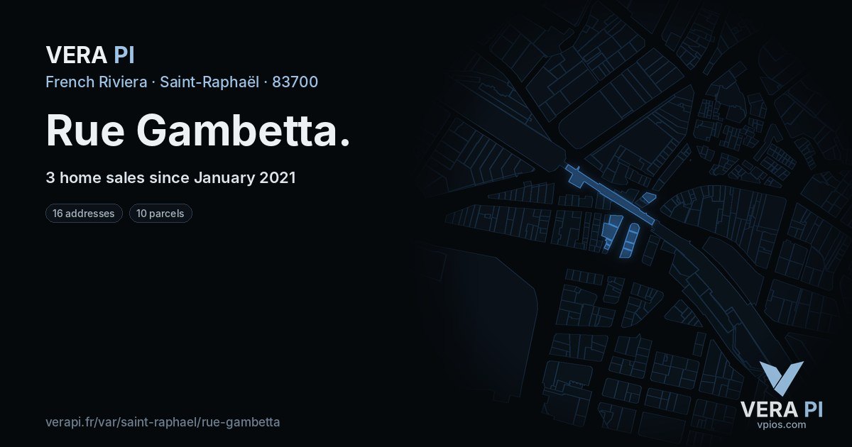 Rue Gambetta, Saint-Raphaël at night – every parcel coloured by the prices around it, the street's own parcels lit