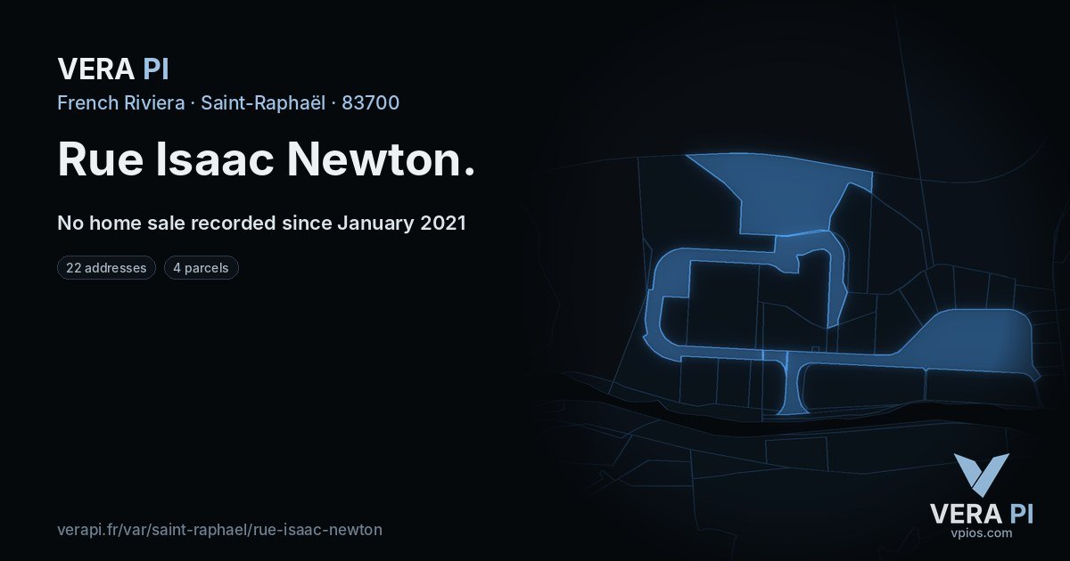 Rue Isaac Newton, Saint-Raphaël at night – every parcel coloured by the prices around it, the street's own parcels lit