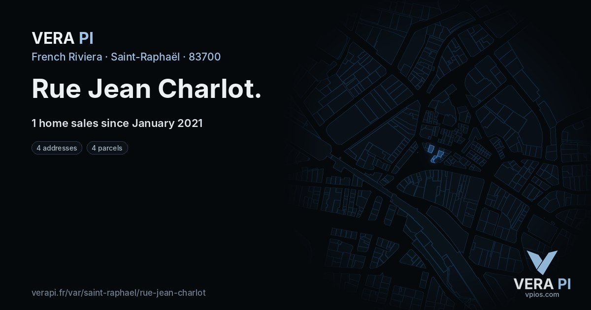 Rue Jean Charlot, Saint-Raphaël at night – every parcel coloured by the prices around it, the street's own parcels lit