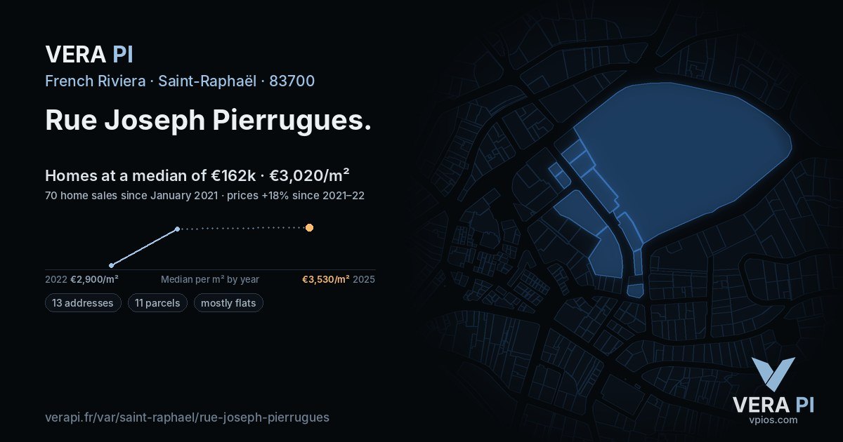 Rue Joseph Pierrugues, Saint-Raphaël at night – every parcel coloured by the prices around it, the street's own parcels lit