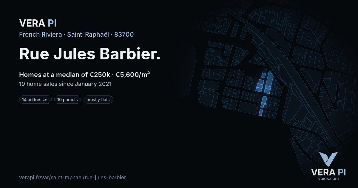 Rue Jules Barbier, Saint-Raphaël at night – every parcel coloured by the prices around it, the street's own parcels lit