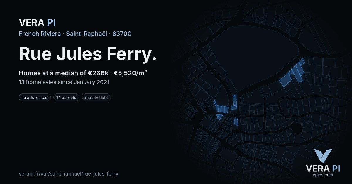 Rue Jules Ferry, Saint-Raphaël at night – every parcel coloured by the prices around it, the street's own parcels lit
