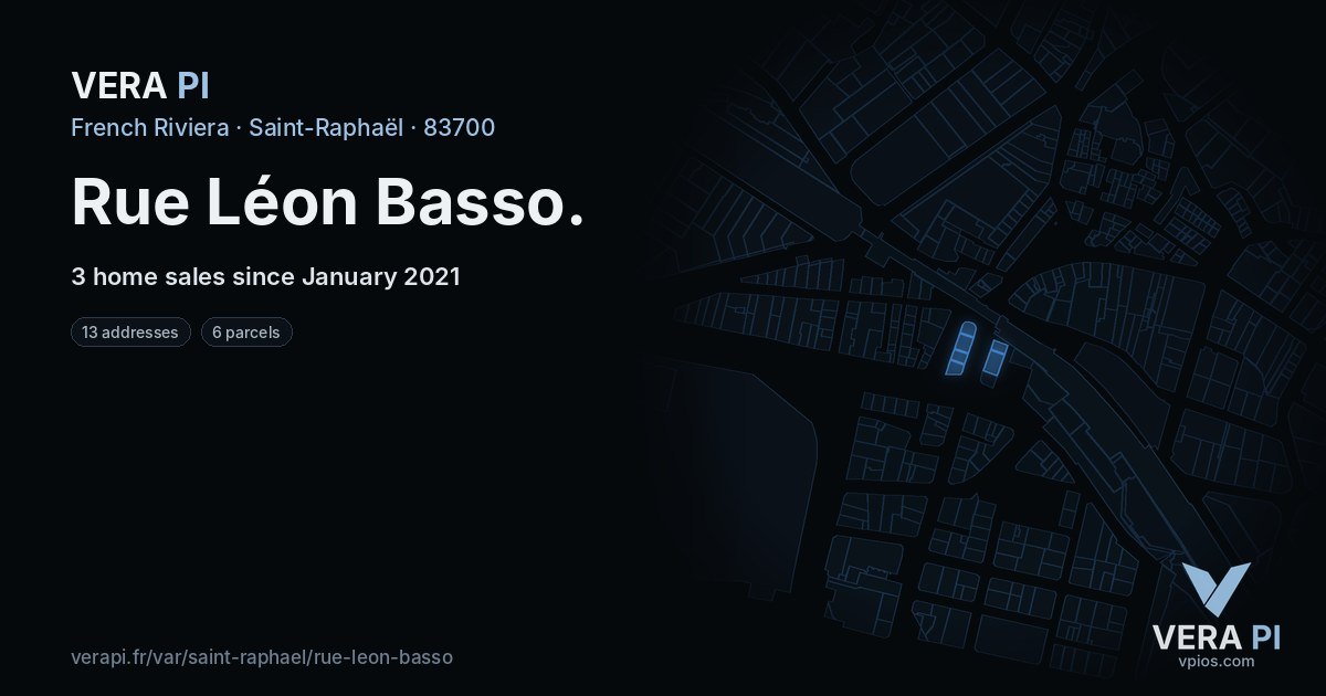 Rue Léon Basso, Saint-Raphaël at night – every parcel coloured by the prices around it, the street's own parcels lit