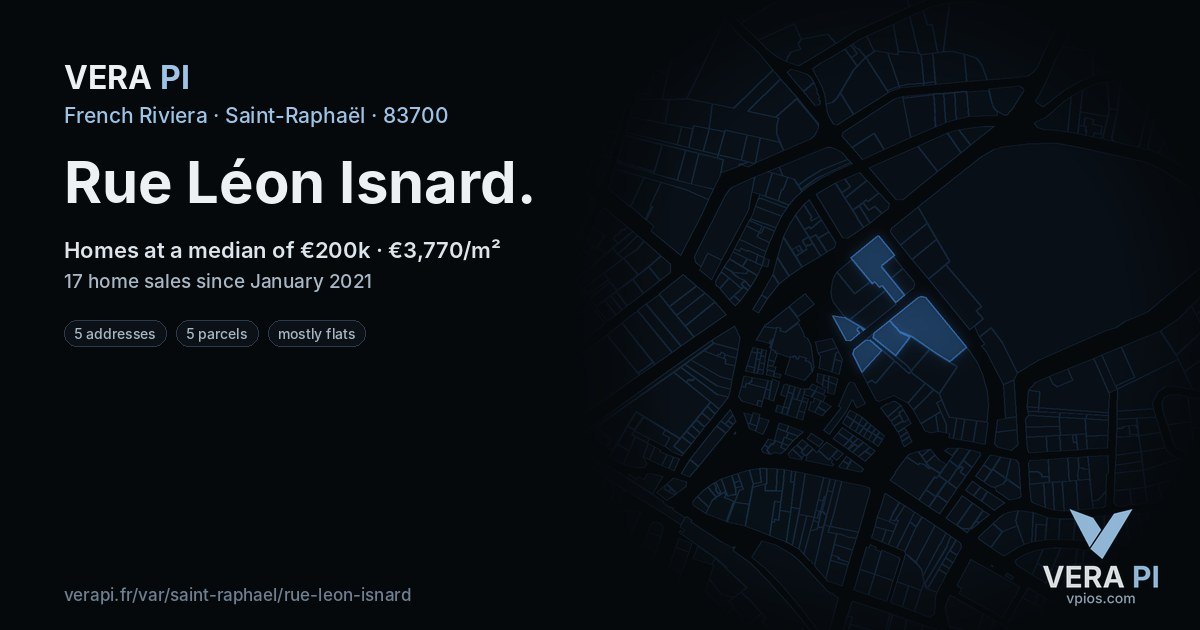 Rue Léon Isnard, Saint-Raphaël at night – every parcel coloured by the prices around it, the street's own parcels lit