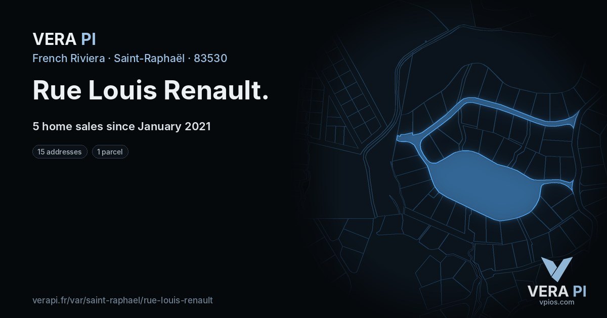 Rue Louis Renault, Saint-Raphaël at night – every parcel coloured by the prices around it, the street's own parcels lit