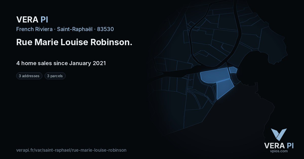 Rue Marie Louise Robinson, Saint-Raphaël at night – every parcel coloured by the prices around it, the street's own parcels lit