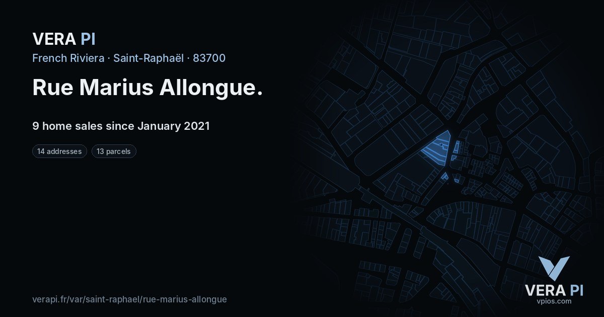 Rue Marius Allongue, Saint-Raphaël at night – every parcel coloured by the prices around it, the street's own parcels lit
