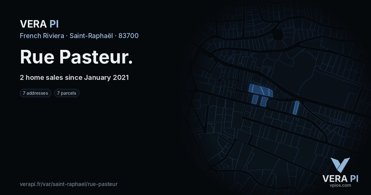 Rue Pasteur, Saint-Raphaël at night – every parcel coloured by the prices around it, the street's own parcels lit