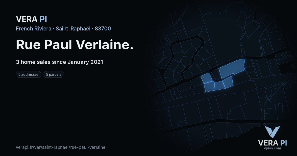 Rue Paul Verlaine, Saint-Raphaël at night – every parcel coloured by the prices around it, the street's own parcels lit