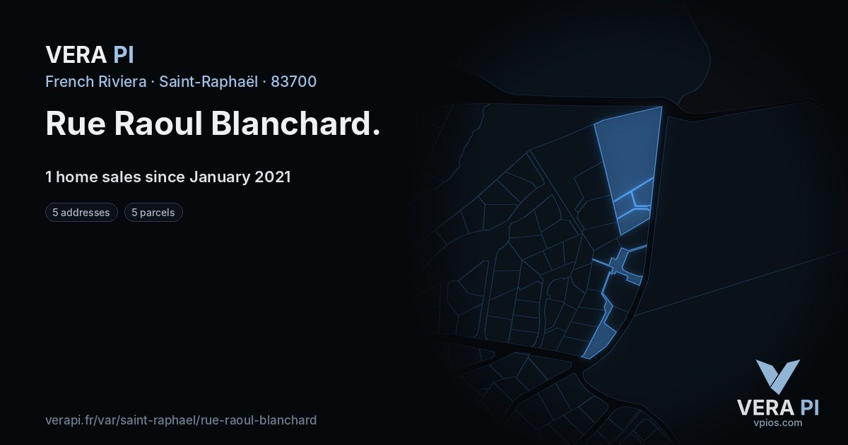 Rue Raoul Blanchard, Saint-Raphaël at night – every parcel coloured by the prices around it, the street's own parcels lit