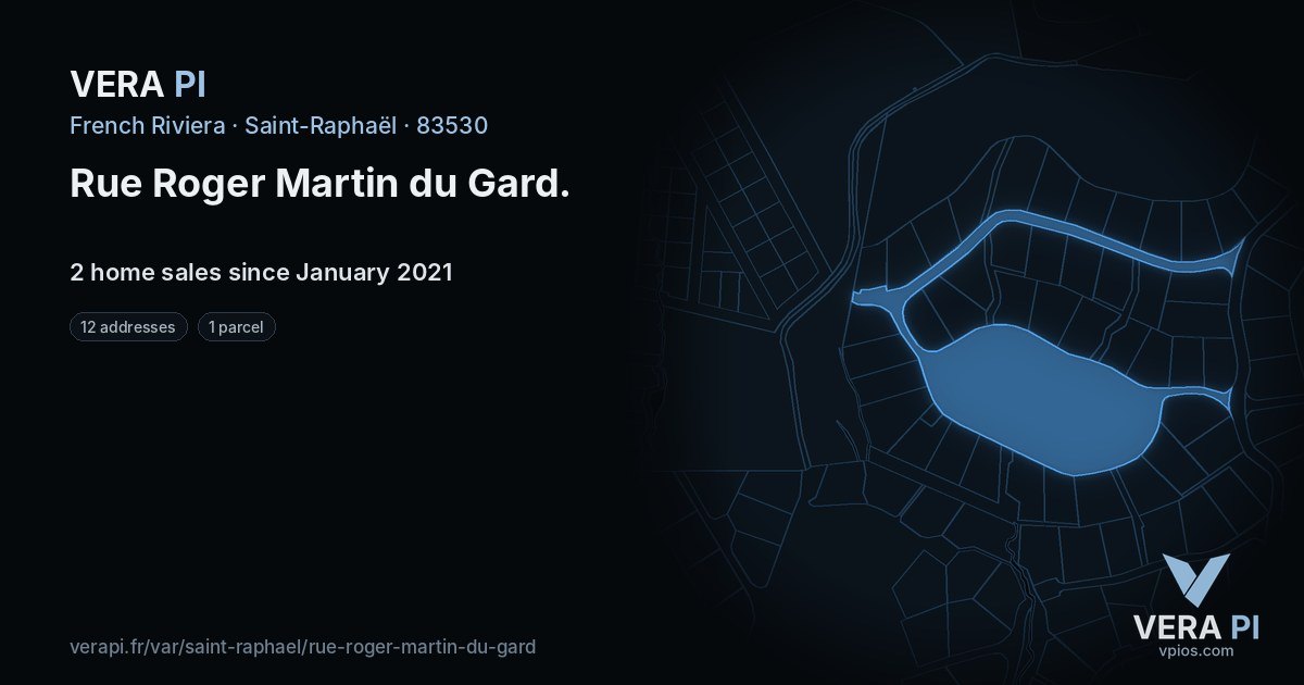 Rue Roger Martin du Gard, Saint-Raphaël at night – every parcel coloured by the prices around it, the street's own parcels lit